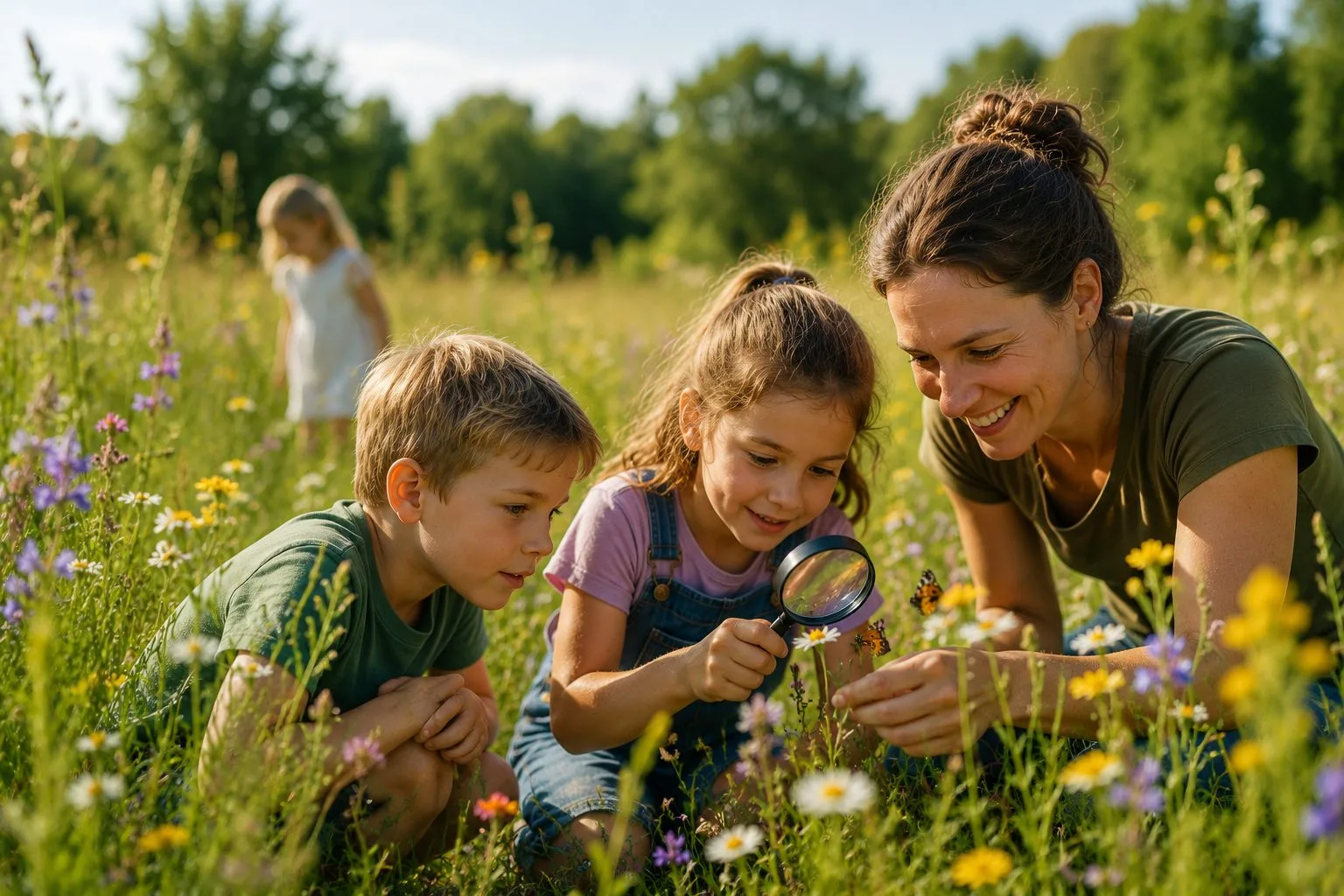 Kinder entdecken mit Lupe und Klemmbrett Pflanzen auf einer Wiese